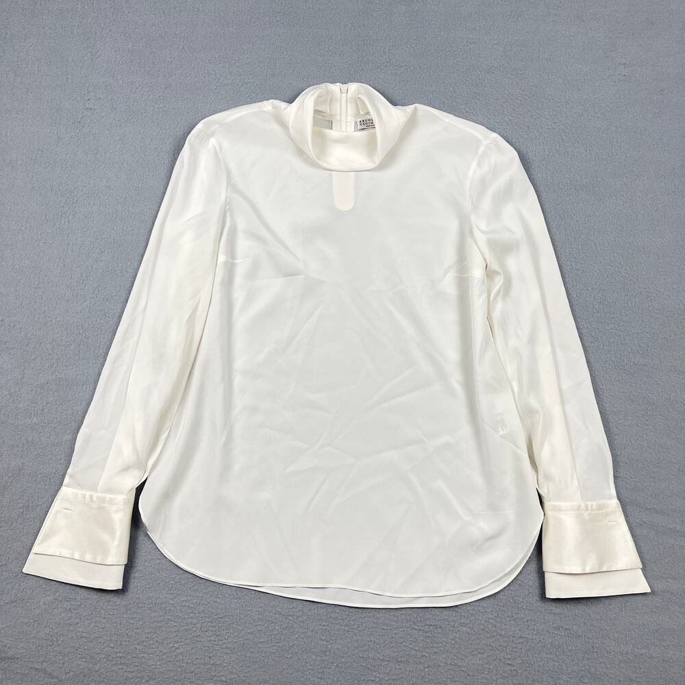 Brunello Cucinelli Silk Blend Mock Neck Blouse Back Zip Satin Cuff Women's Small